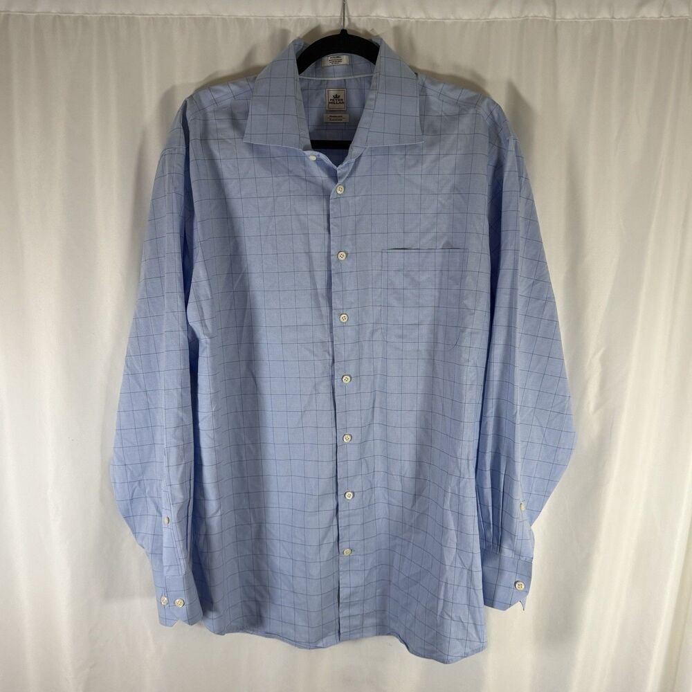 Peter Millar Nanoluxe Shirt Mens 17 Long Blue Plaid Button Up Long Sleeve Cotton